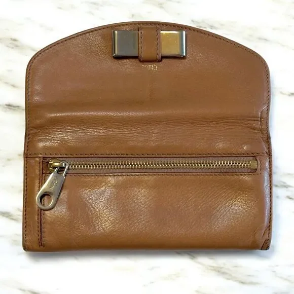 Chloe LILY Long Wallet Bifold Soft Brown Nappa Leather Silver Ribbon Bowtie Snap - Picture 5 of 16